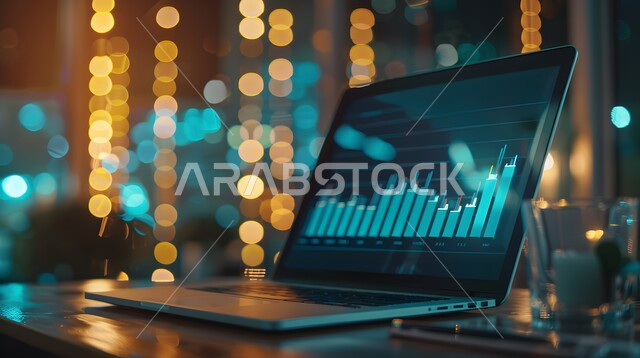 مراقبة الرسوم والمخططات البيانيه من خلال جهاز الحاسوب المحمول، تحليل البيانات المالية والمصرفية، دمج التكنولوجيا المتطورة مع العمل، سوق البورصة العالمي، تداول العملة الرقمية، مفهوم التجارة والاقتصاد، رؤية سعودية مستقبلية 2030، ارتفاع و انخفاض الأسهم 