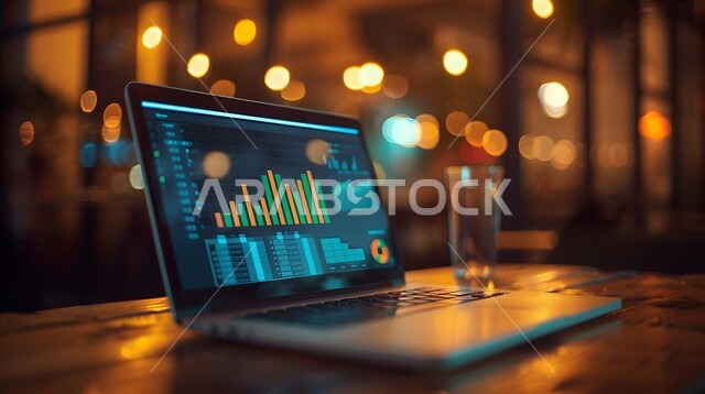 مراقبة الرسوم والمخططات البيانيه من خلال جهاز الحاسوب المحمول، تحليل البيانات المالية والمصرفية، دمج التكنولوجيا المتطورة مع العمل، سوق البورصة العالمي، تداول العملة الرقمية، مفهوم التجارة والاقتصاد، رؤية سعودية مستقبلية 2030، ارتفاع و انخفاض الأسهم 