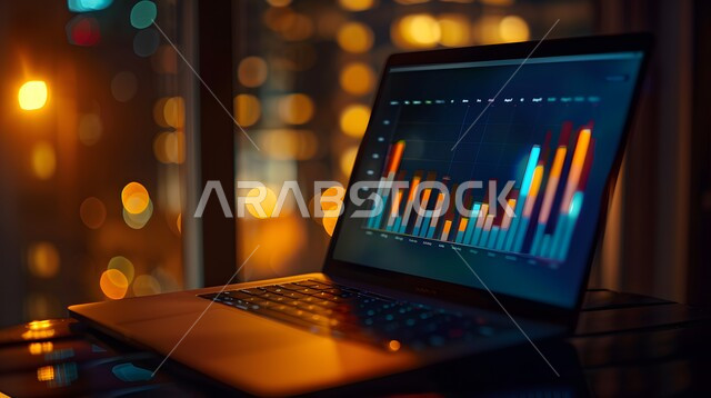  تحليل البيانات المالية والمصرفية، دمج التكنولوجيا المتطورة مع العمل، سوق البورصة العالمي، تداول العملة الرقمية، مفهوم التجارة والاقتصاد، رؤية سعودية مستقبلية 2030، ارتفاع و انخفاض الأسهم، مراقبة الرسوم والمخططات البيانيه من خلال جهاز الحاسوب المحمول