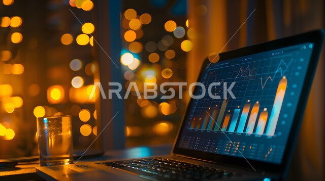  تحليل البيانات المالية والمصرفية، دمج التكنولوجيا المتطورة مع العمل، سوق البورصة العالمي، تداول العملة الرقمية، مفهوم التجارة والاقتصاد، رؤية سعودية مستقبلية 2030، ارتفاع و انخفاض الأسهم، مراقبة الرسوم والمخططات البيانيه من خلال جهاز الحاسوب المحمول