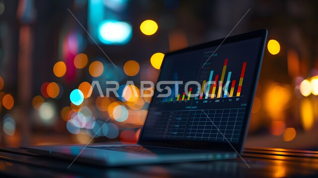 دمج التكنولوجيا المتطورة مع العمل، سوق البورصة العالمي، تداول العملة الرقمية، مفهوم التجارة والاقتصاد، رؤية سعودية مستقبلية 2030، ارتفاع و انخفاض الأسهم، مراقبة الرسوم والمخططات البيانيه من خلال جهاز الحاسوب المحمول، تحليل البيانات المالية والمصرفية