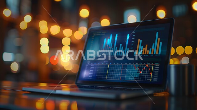 دمج التكنولوجيا المتطورة مع العمل، سوق البورصة العالمي، تداول العملة الرقمية، مفهوم التجارة والاقتصاد، رؤية سعودية مستقبلية 2030، ارتفاع و انخفاض الأسهم، مراقبة الرسوم والمخططات البيانيه من خلال جهاز الحاسوب المحمول، تحليل البيانات المالية والمصرفية