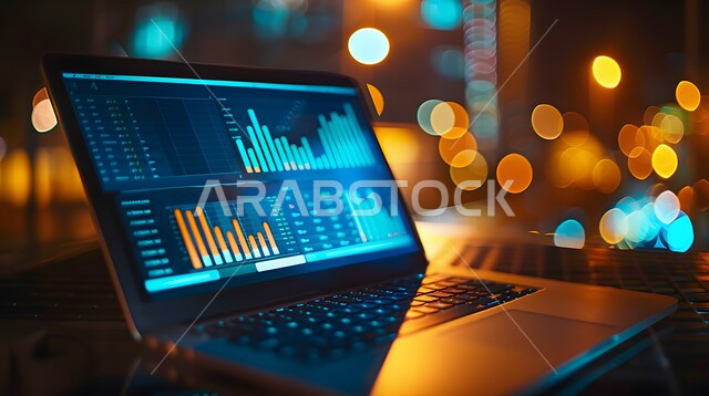 دمج التكنولوجيا المتطورة مع العمل، سوق البورصة العالمي، تداول العملة الرقمية، مفهوم التجارة والاقتصاد، رؤية سعودية مستقبلية 2030، ارتفاع و انخفاض الأسهم، مراقبة الرسوم والمخططات البيانيه من خلال جهاز الحاسوب المحمول، تحليل البيانات المالية والمصرفية