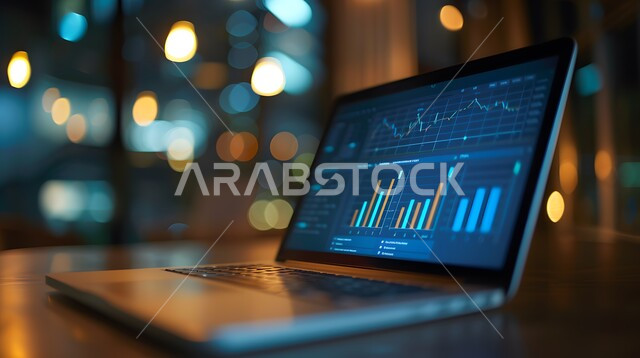 دمج التكنولوجيا المتطورة مع العمل، سوق البورصة العالمي، تداول العملة الرقمية، مفهوم التجارة والاقتصاد، رؤية سعودية مستقبلية 2030، ارتفاع و انخفاض الأسهم، مراقبة الرسوم والمخططات البيانيه من خلال جهاز الحاسوب المحمول، تحليل البيانات المالية والمصرفية