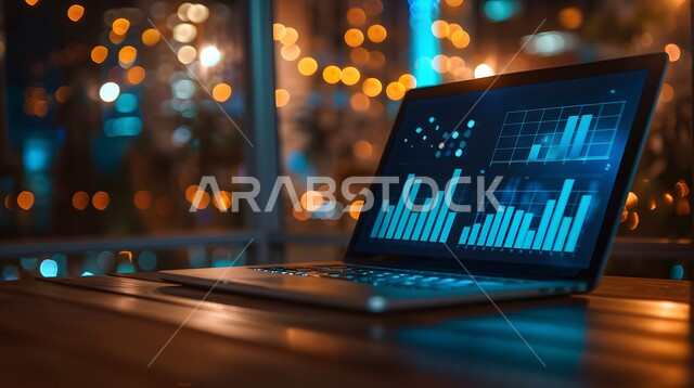 دمج التكنولوجيا المتطورة مع العمل، سوق البورصة العالمي، تداول العملة الرقمية، مفهوم التجارة والاقتصاد، رؤية سعودية مستقبلية 2030، ارتفاع و انخفاض الأسهم، مراقبة الرسوم والمخططات البيانيه من خلال جهاز الحاسوب المحمول، تحليل البيانات المالية والمصرفية