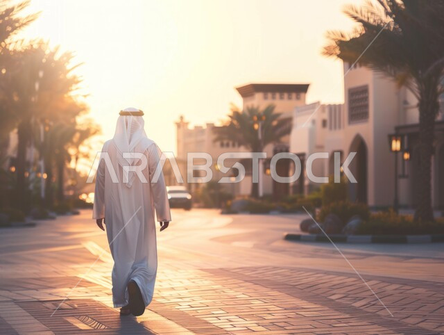 الاشجار والنباتات الخضراء، صورة من الخلف لرجل عربي سعودي خليجي يرتدي الثوب مع الغترة والعقال يمشي في حي سكني في المملكة العربية السعودية, الحدائق العامة مناظر طبيعية خلابة