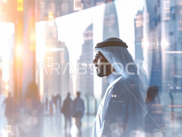 الاعتزاز والفخر بالتقدم المعماري، النمو و التطور العمراني في المدينة، رجل عربي خليجي سعودي يرتدي الثوب مع الغترة والعقال مع خلفية منظر المدينة