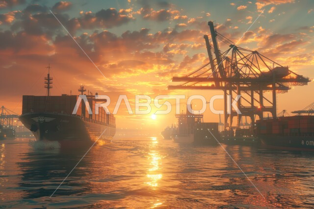 استخدام الرافعات في تعبئة وشحن البضائع التجارية، ازدحام القوارب والسفن في ميناء بحري لنقل البضائع في المملكة العربية السعودية في وقت الغروب، مرفأ تجاري لتوصيل السلع والمنتجات المحلية في البحار، مفهوم التجارة والصناعة والاقتصاد البحري