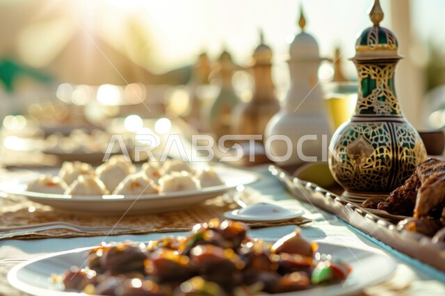 مجموعة من أطباق التمر الخليجي الشهي بجانب دلات من القهوة العربية, أصالة العادات والتقاليد, الاستمتاع بالمشروبات الساخنة, منتجات محلية وطنية, كرم الضيافة وحسن الاستقبال في المملكة العربية السعودية