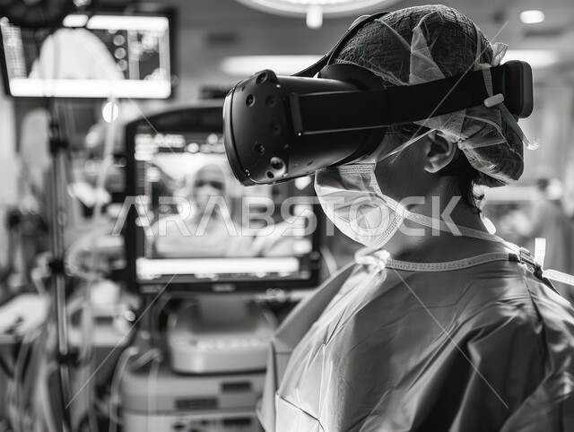 مفهوم الجراحة العامة والقيام بالعمليات الخطيرة, صورة مقربة بالأبيض والأسود لطبيبة جراحة ترتدي الزي الرسمي المعقم وقناع الوجه ونظارات الواقع الافتراضي داخل الغرفة, مفهوم إنقاذ حياة المرضى، استخدام التقنيات الحديثة