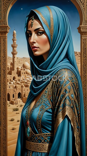 صورة مقربة لمرأة ترتدي ملابس زرقاء تقليدية تقف في مدينة صحراوية قديمة، النظر إلى الكاميرا بإيماءات الثقه بالنفس، أزياء محجبات عصرية حديثة، مفهوم الأناقة والشياكة والأنوثة، الاهتمام بالمظهر الخارجي، رسوم توضيحية ثلاثية الأبعاد لامرأة عربيه خليجيه سعودية محجبه