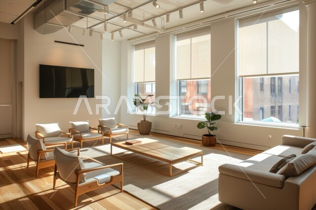 غرف مكتبية بتصاميم وديكورات داخلية فخمة، التصميم الحديث للمكاتب في الشركات السعودية، قاعة اجتماعات واسعة مع طاولة خشبية محاطة بكراسي، النوافذ والواجهات الزجاجية الكبيرة بإطلالة على المدينة, استخدام الأضواء والاكسسوارات العصرية