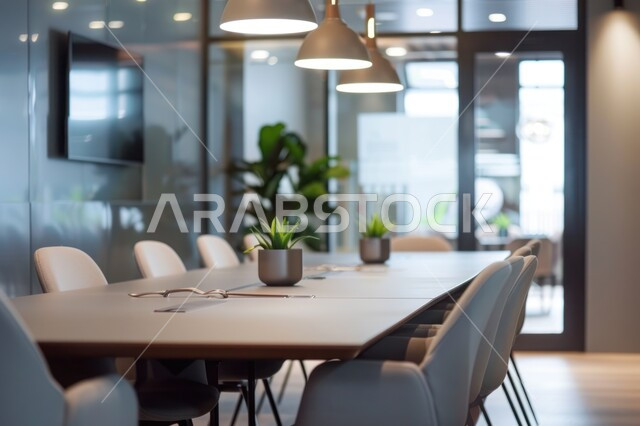غرف مكتبية بتصاميم وديكورات داخلية فخمة، التصميم الحديث للمكاتب في الشركات السعودية، قاعة اجتماعات واسعة مع طاولة خشبية محاطة بكراسي، النوافذ والواجهات الزجاجية الكبيرة بإطلالة على المدينة, استخدام الأضواء والاكسسوارات العصرية