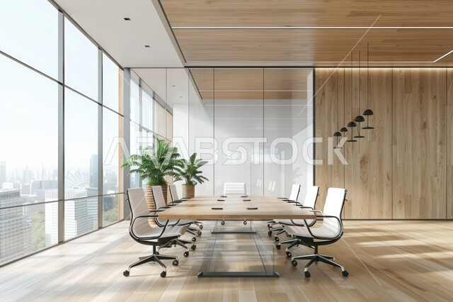 غرف مكتبية بتصاميم وديكورات داخلية فخمة، التصميم الحديث للمكاتب في الشركات السعودية، قاعة اجتماعات واسعة مع طاولة خشبية محاطة بكراسي، النوافذ والواجهات الزجاجية الكبيرة بإطلالة على المدينة, استخدام الأضواء والاكسسوارات العصرية