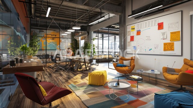 غرف مكتبية بتصاميم وديكورات داخلية فخمة، التصميم الحديث للمكاتب في الشركات السعودية، قاعة اجتماعات واسعة مع طاولة خشبية محاطة بكراسي، النوافذ والواجهات الزجاجية الكبيرة بإطلالة على المدينة, استخدام الأضواء والاكسسوارات العصرية