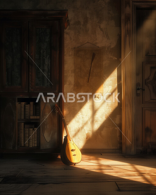 فنون العزف على الآلات الوترية الايقاعية، تقديم العروض المسرحية على التراث الشعبي العربي القديم، مواهب فنية وأنشطة ترفيهية في المملكة العربية السعودية، آلة الغيتار الخشبية الموسيقية الشعبية، صورة آلة موسيقة في بيت خشبي قديم تحت أشعة الشمس 