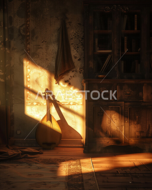 فنون العزف على الآلات الوترية الايقاعية، تقديم العروض المسرحية على التراث الشعبي العربي القديم، مواهب فنية وأنشطة ترفيهية في المملكة العربية السعودية، آلة الغيتار الخشبية الموسيقية الشعبية، صورة آلة موسيقة في بيت خشبي قديم تحت أشعة الشمس