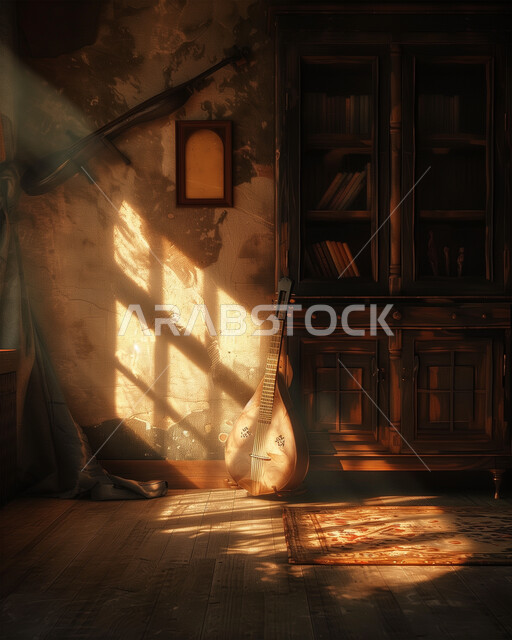 فنون العزف على الآلات الوترية الايقاعية، تقديم العروض المسرحية على التراث الشعبي العربي القديم، مواهب فنية وأنشطة ترفيهية في المملكة العربية السعودية، آلة الغيتار الخشبية الموسيقية الشعبية، صورة آلة موسيقة في بيت خشبي قديم تحت أشعة الشمس 