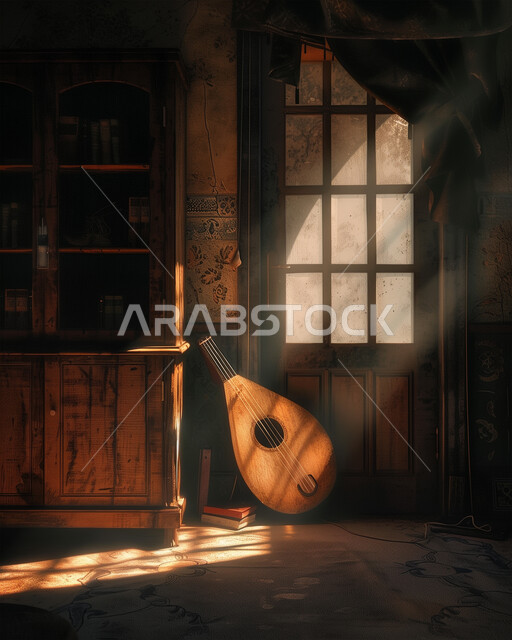 فنون العزف على الآلات الوترية الايقاعية، تقديم العروض المسرحية على التراث الشعبي العربي القديم، مواهب فنية وأنشطة ترفيهية في المملكة العربية السعودية، آلة الغيتار الخشبية الموسيقية الشعبية، صورة آلة موسيقة في بيت خشبي قديم تحت أشعة الشمس