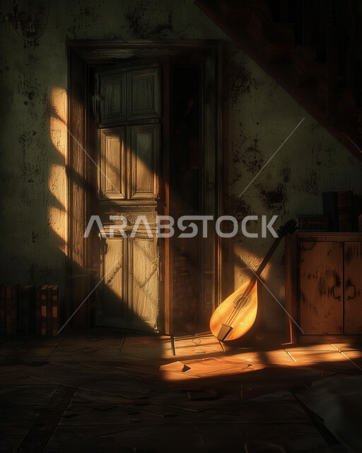 فنون العزف على الآلات الوترية الايقاعية، تقديم العروض المسرحية على التراث الشعبي العربي القديم، مواهب فنية وأنشطة ترفيهية في المملكة العربية السعودية، آلة الغيتار الخشبية الموسيقية الشعبية، صورة آلة موسيقة في بيت خشبي قديم تحت أشعة الشمس 