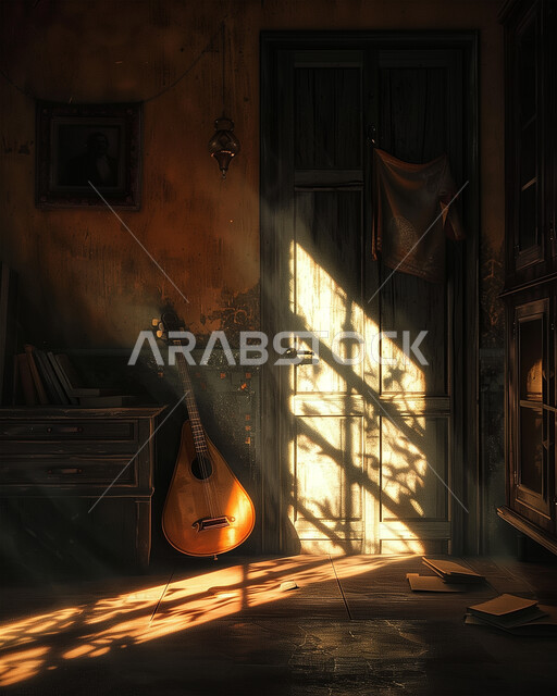 فنون العزف على الآلات الوترية الايقاعية، تقديم العروض المسرحية على التراث الشعبي العربي القديم، مواهب فنية وأنشطة ترفيهية في المملكة العربية السعودية، آلة الغيتار الخشبية الموسيقية الشعبية، صورة آلة موسيقة في بيت خشبي قديم تحت أشعة الشمس 