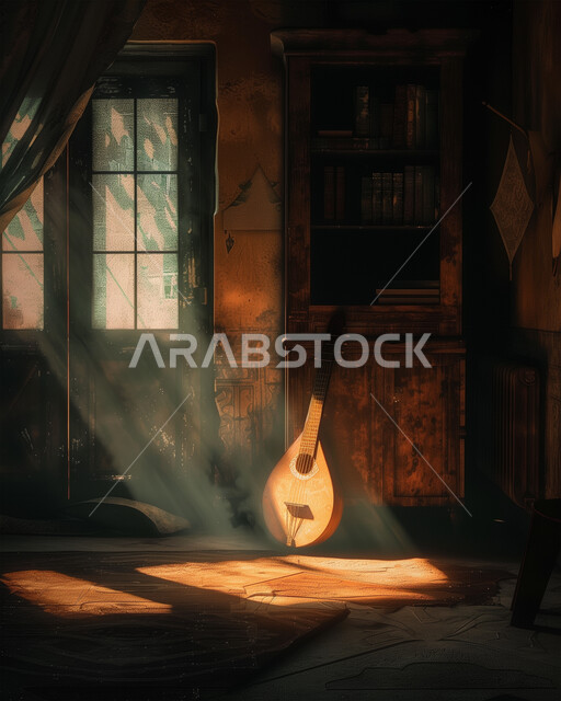 فنون العزف على الآلات الوترية الايقاعية، تقديم العروض المسرحية على التراث الشعبي العربي القديم، مواهب فنية وأنشطة ترفيهية في المملكة العربية السعودية، آلة الغيتار الخشبية الموسيقية الشعبية، صورة آلة موسيقة في بيت خشبي قديم تحت أشعة الشمس 