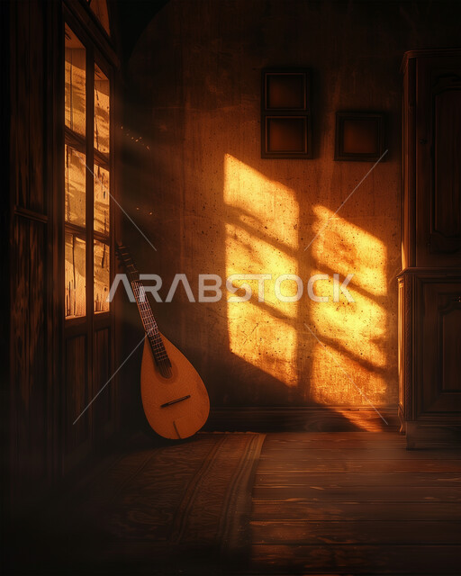 فنون العزف على الآلات الوترية الايقاعية، تقديم العروض المسرحية على التراث الشعبي العربي القديم، مواهب فنية وأنشطة ترفيهية في المملكة العربية السعودية، آلة الغيتار الخشبية الموسيقية الشعبية، صورة آلة موسيقة في بيت خشبي قديم تحت أشعة الشمس