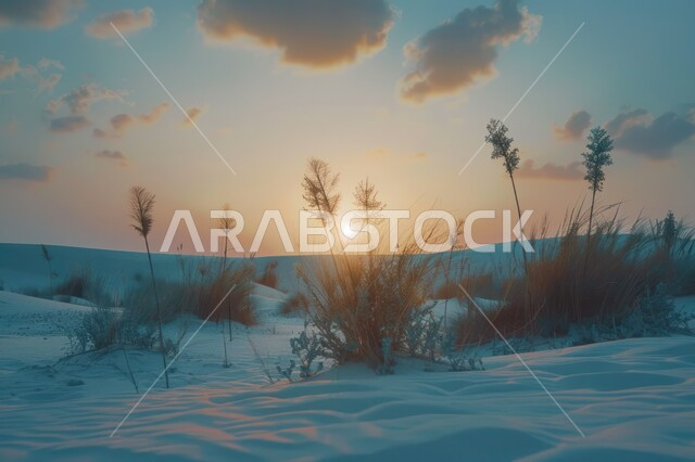 منظر غروب الشمس على الرمال البيضاء في صحراء المملكة العربية السعودية، النباتات والاشواك في البراري، التكوينات والتشكيلات الرملية في المناطق الصحراوية، المناظر الطبيعية المتميزة