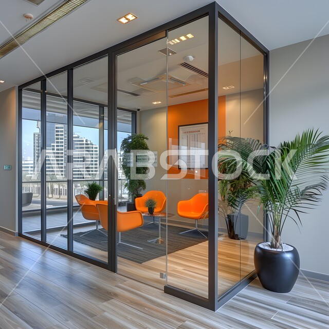 تصميم عصري لمكاتب شركات المملكة العربية السعودية, تصاميم داخلية وديكورات راقية على الطراز الحديث, تجهيزات مكتبية حديثة بأثاث أنيق ومريح، واجهات زجاجية ضخمة في مكتب العمل