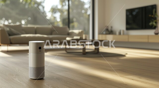 اجهزه الكترونيه حديثه، جهاز سماعة البلوتوث، تطور التقنيه والتكنولوجيا، صورة مقربة لمكبر صوت لاسلكي على شكل أسطوانة في غرفة المعيشة, الاستمتاع بسماع الموسيقى, ديكورات وتصاميم داخليه أنيقة