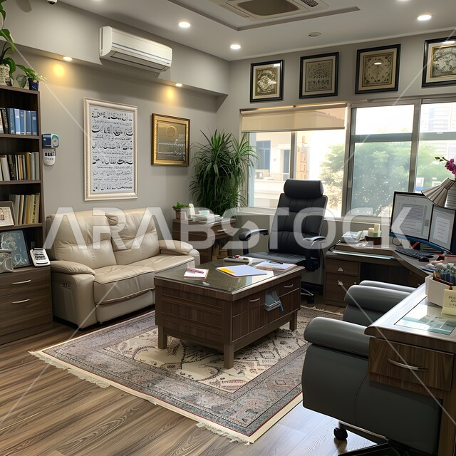ديكورات راقية وتصاميم داخلية على الطراز الحديث, تجهيزات مكتبية حديثة بأثاث أنيق ومريح، تصميم عصري لمكاتب شركات المملكة العربية السعودية, واجهات زجاجية ضخمة في مكتب العمل