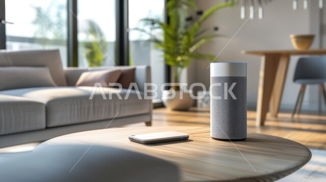 Modern electronic devices, Bluetooth headset, technology development, close-up of a wireless cylinder-shaped speaker on a wooden table in the living room, enjoying listening to music, elegant interior decorations and designs
