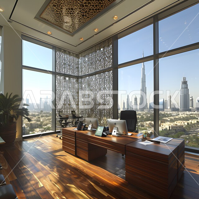 Huge glass facades in the office, elegant decorations and modern interior designs, modern office equipment with elegant and comfortable furniture, modern design for offices of companies in the Kingdom of Saudi Arabia