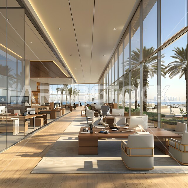تصميم عصري حديث لمكاتب الشركات في المملكة العربية السعودية، غرفة الأعمال الواسعة المجهزة بالمعدات والادوات، غرف مكتبية بتصاميم داخلية وديكورات راقية، مجسمات وتصاميم لمكتب عمل حديث متطور