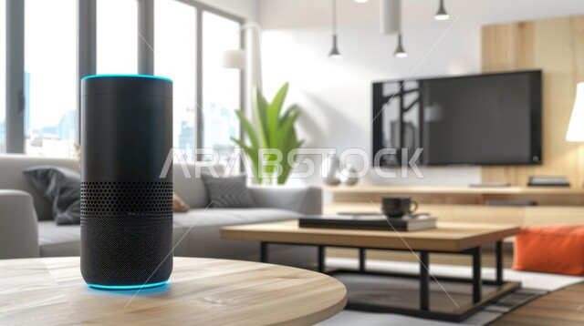 Modern electronic devices, Bluetooth headset, technology development, close-up of a black cylinder-shaped wireless speaker on a wooden table in the living room, enjoying listening to music, elegant interior decorations and designs