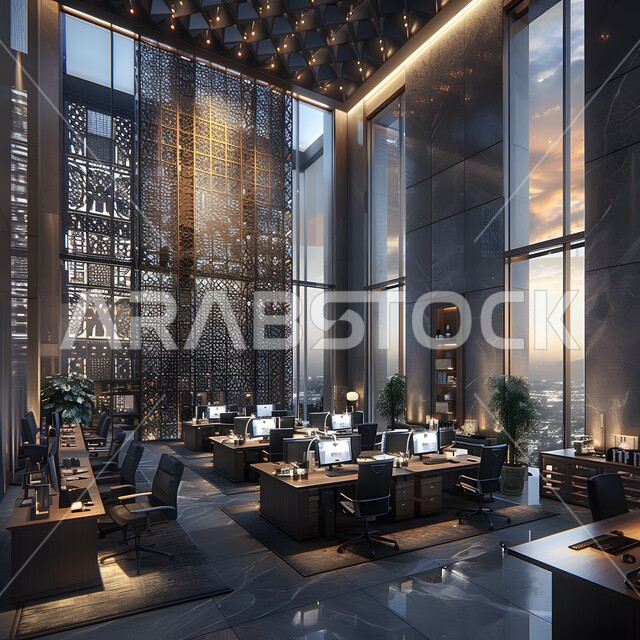 غرفة الأعمال الواسعة المجهزة بالمعدات والادوات، تصميم عصري حديث لمكاتب الشركات في المملكة العربية السعودية، غرف مكتبية بتصاميم داخلية وديكورات راقية، مجسمات وتصاميم لمكتب عمل حديث متطور