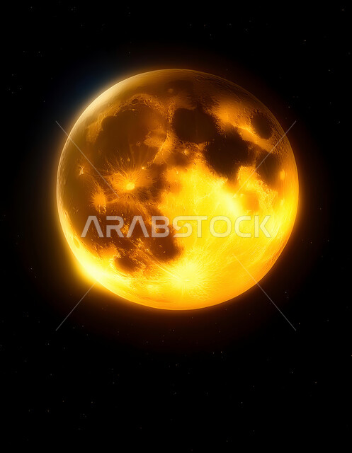 ظاهرة البدر المضيء العملاق ليلاً، صورة مقربة لاكتمال القمر  وسط السماء في الفضاء الخارجي، منظر فضائي عجيب،  القمر  الدائري المتوهج في الليل، تألق الكواكب في الفضاء، خلفية سوداء