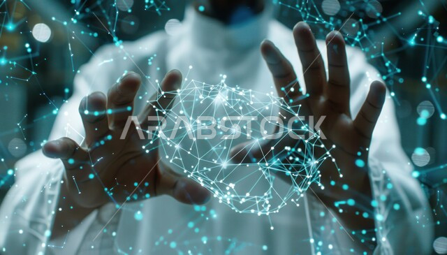 Use of modern technology in the practical field, technical and technological development and progress, Saudi Vision 2030, engineering plans and designs for future projects, close-up of a man's hand touching holographic charts displayed in front of him, big data network and digital transformation
