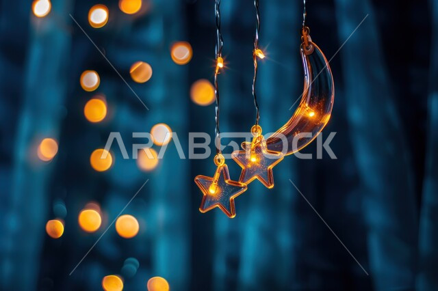  ديكورات وزينة رمضان المبارك، صورة مقربة لهلال باللون الذهبي مع نجوم معلقة، تصاميم اسلامية مميزة، الاحتفال بالمناسبات والأعياد الدينية، البهجة بقدوم شهر الخير