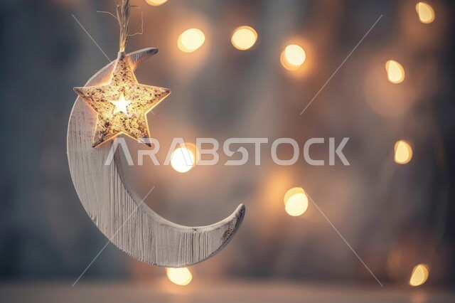  ديكورات وزينة رمضان المبارك، صورة مقربة لهلال باللون الذهبي مع نجوم معلقة، تصاميم اسلامية مميزة، الاحتفال بالمناسبات والأعياد الدينية، البهجة بقدوم شهر الخير