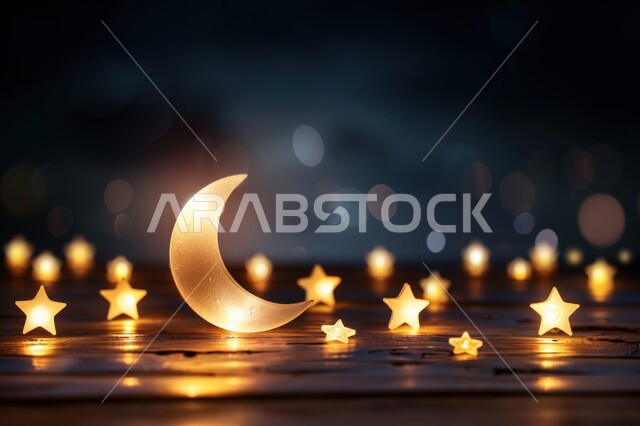  ديكورات وزينة رمضان المبارك، صورة مقربة لهلال باللون الذهبي مع نجوم معلقة، تصاميم اسلامية مميزة، الاحتفال بالمناسبات والأعياد الدينية، البهجة بقدوم شهر الخير