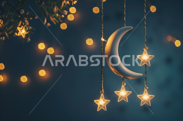  ديكورات وزينة رمضان المبارك، صورة مقربة لهلال باللون الذهبي مع نجوم معلقة، تصاميم اسلامية مميزة، الاحتفال بالمناسبات والأعياد الدينية، البهجة بقدوم شهر الخير