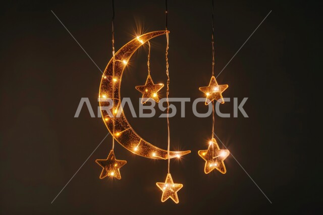  ديكورات وزينة رمضان المبارك، صورة مقربة لهلال باللون الذهبي مع نجوم معلقة، تصاميم اسلامية مميزة، الاحتفال بالمناسبات والأعياد الدينية، البهجة بقدوم شهر الخير
