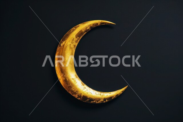 مجسم ثلاثي الابعاد لهلال مزخرف باللون الذهبي، ديكورات وتصاميم اسلامية، الاحتفال بالمناسبات والأعياد الدينية، البهجة بقدوم شهر الخير، ديكورات وزينة رمضان المبارك، خلفية سوداء