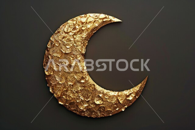 مجسم ثلاثي الابعاد لهلال مزخرف باللون الذهبي، ديكورات وتصاميم اسلامية، الاحتفال بالمناسبات والأعياد الدينية، البهجة بقدوم شهر الخير، ديكورات وزينة رمضان المبارك، خلفية سوداء