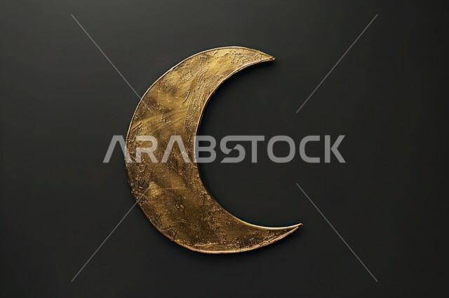 مجسم ثلاثي الابعاد لهلال مزخرف باللون الذهبي، ديكورات وتصاميم اسلامية، الاحتفال بالمناسبات والأعياد الدينية، البهجة بقدوم شهر الخير، ديكورات وزينة رمضان المبارك، خلفية سوداء