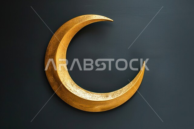 مجسم ثلاثي الابعاد لهلال مزخرف باللون الذهبي، ديكورات وتصاميم اسلامية، الاحتفال بالمناسبات والأعياد الدينية، البهجة بقدوم شهر الخير، ديكورات وزينة رمضان المبارك، خلفية سوداء