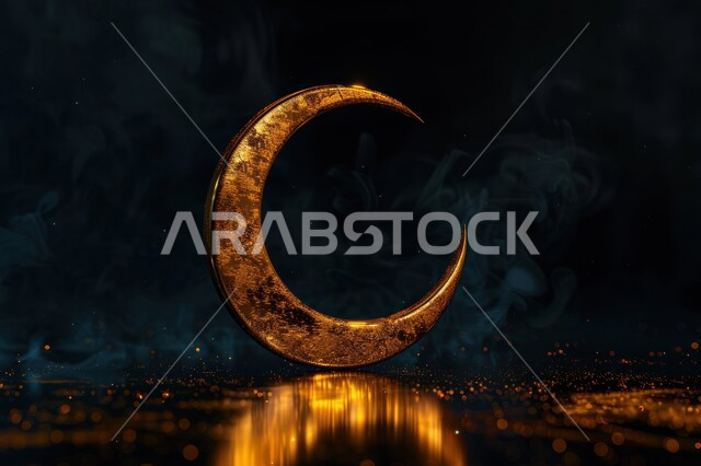 مجسم ثلاثي الابعاد لهلال مزخرف باللون الذهبي، ديكورات وتصاميم اسلامية، الاحتفال بالمناسبات والأعياد الدينية، البهجة بقدوم شهر الخير، ديكورات وزينة رمضان المبارك، خلفية سوداء