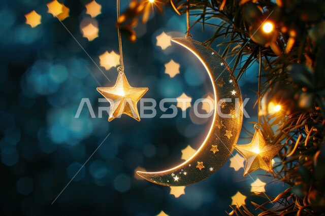 ديكورات وزينة رمضان المبارك، مجسم ثلاثي الابعاد لهلال باللون الذهبي مع نجوم معلقة، تصاميم اسلامية مميزة، الاحتفال بالمناسبات والأعياد الدينية، البهجة بقدوم شهر الخير