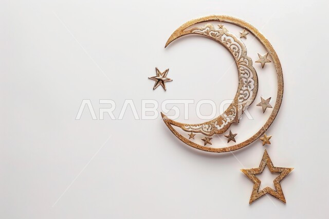 ديكورات وزينة رمضان المبارك، مجسم ثلاثي الابعاد لهلال باللون الذهبي مع نجوم معلقة، تصاميم اسلامية مميزة، الاحتفال بالمناسبات والأعياد الدينية، البهجة بقدوم شهر الخير